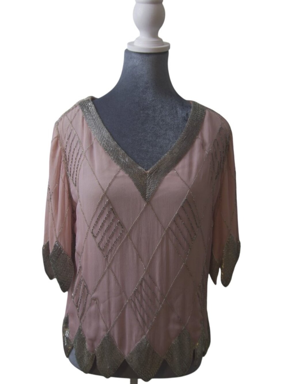 Judith Ann Creations 100% Silk Dusty Pink Silver Beaded Art Deco Top M - Picture 6 of 16